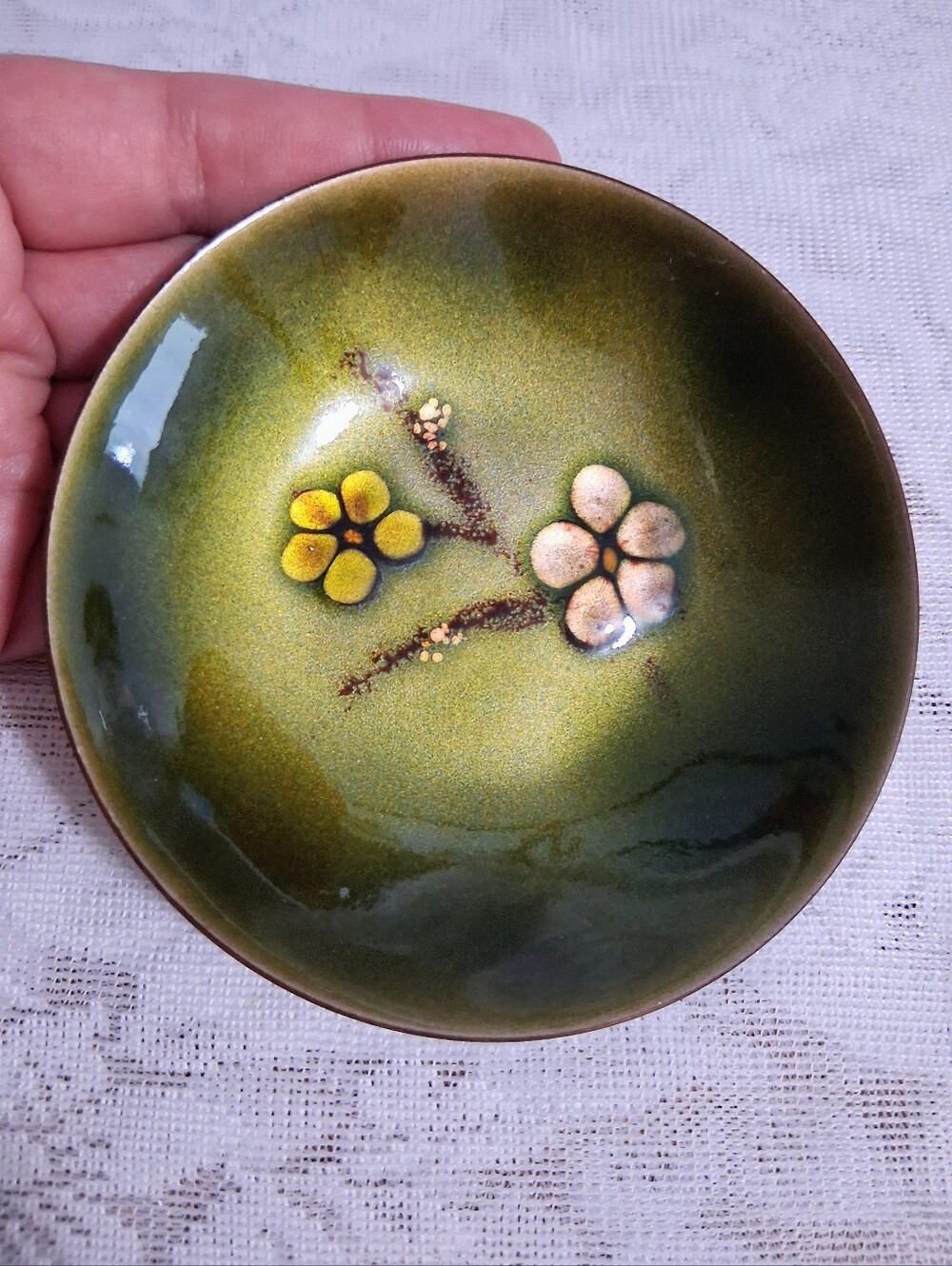 Vintage Bovano of Cheshire Enamel on Copper Cherry Blossom Dish 4”